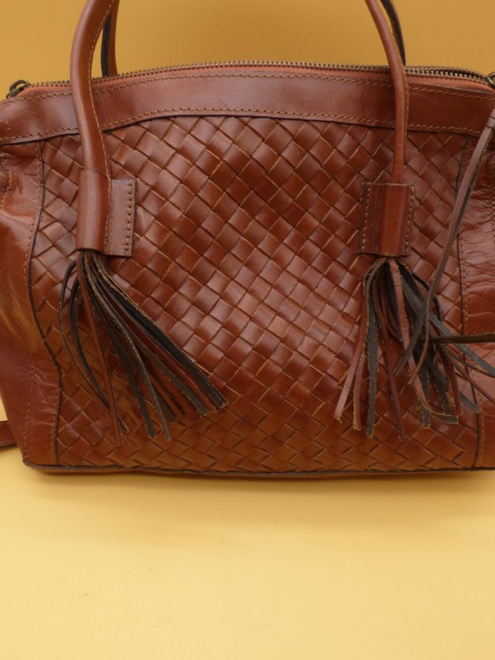 Noonday Collection Monterey Woven Leather Tassel Satchel Crossbody Bag